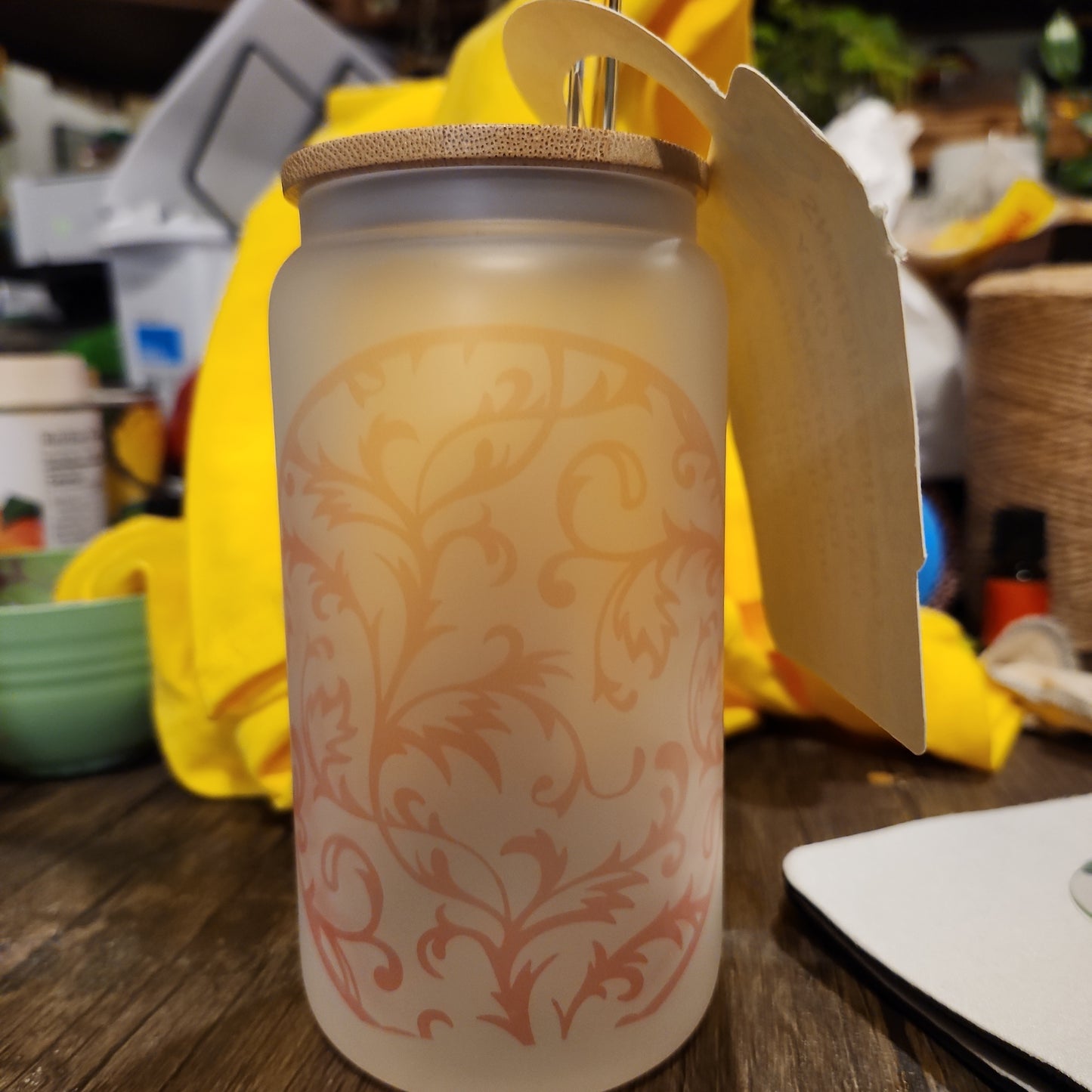 Floral glass with lid/straw